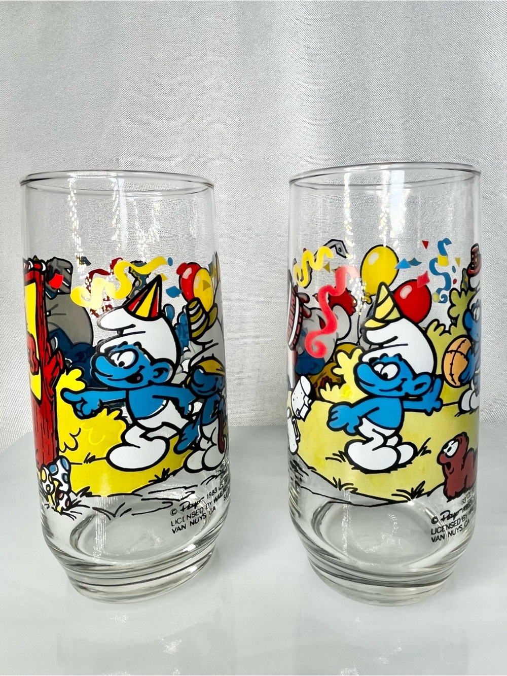 Vintage 1983 Smurf Glasses Set Clumsy & Handy Smurf Drinking Glasses Pair 💙
